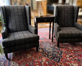 Bernhardt windowpane charcoal plaid wingback chairs  