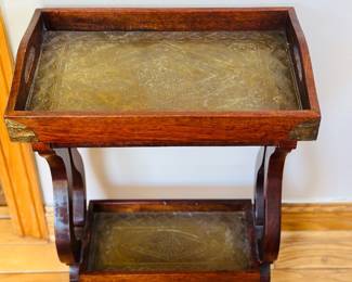 Pier 1 two tier tray table with hammered brass surfaces 12" x 18" x 26 1/2"