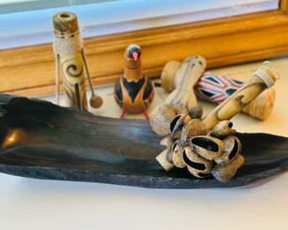Hand carved gourd bird, Bamboo and nut shell maraca, rain sticks, folk art 