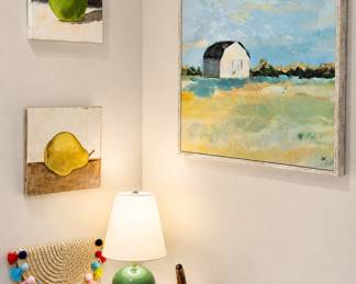 Angela Hoover Pear and GreenApple 11 1/2 x 10 1/2", paint on wood panel, , Landscaoe with barn paint on canvas, signed JW ( John McDowell Williams) 24"x 24"