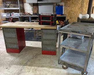 Stainless steel rolling service cart, vintage metal cabinets with wood top 