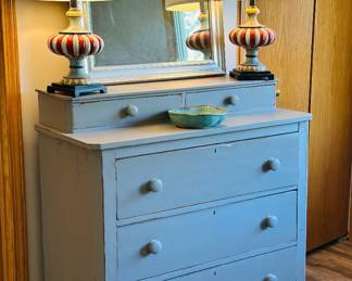 Antique dresser , a pair of striped ceramic table lamps 
