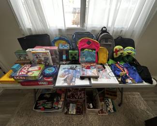 Games, art, toys, crafts, backpacks