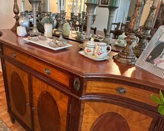 Ethan Allen Easton Dining Room sideboard by Kittinger . Mahogany Buffet 4 door with cameo swirl inlaid panels.