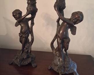 Antique Pair of Old Bronze Angel Candlestick Holders