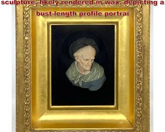 Lot 2050 Antique Polychrome relief sculpture, likely rendered in wax, depicting a bustlength profile portrai