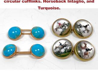 Lot 2133 2 pairs of 14K Gold doublesided circular cufflinks. Horseback Intaglio, and Turquoise.