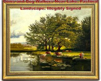 Lot 2024 Vintage Landscape Oil Painting. Cows and Dog Walkers Near Lake. Pastoral Landscape. Illegibly Signed