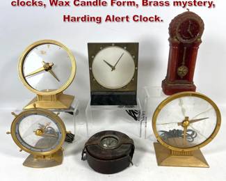 Lot 2322 6pc Clock Lot. Jefferson mystery clocks, Wax Candle Form, Brass mystery, Harding Alert Clock.