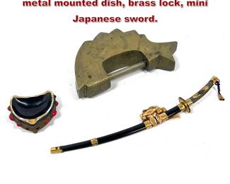 Lot 1865 3pcs Small Objects. Small Meissen metal mounted dish, brass lock, mini Japanese sword.