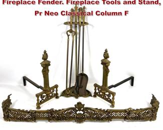 Lot 1768 French Bronze Fireplace Set. Fireplace Fender. Fireplace Tools and Stand, Pr Neo Classical Column F