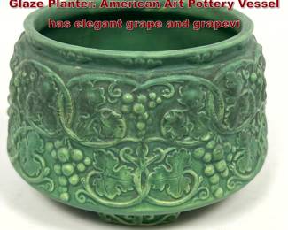 Lot 1934 ARTS And Crafts Matte Green Glaze Planter. American Art Pottery Vessel has elegant grape and grapevi
