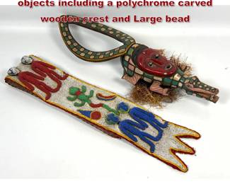 Lot 1995 2pcs West African style decorative objects including a polychrome carved wooden crest and Large bead