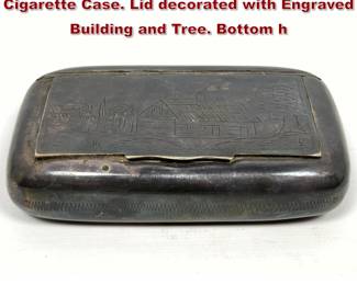 Lot 2105 Engraved Sterling Silver Box Cigarette Case. Lid decorated with Engraved Building and Tree. Bottom h