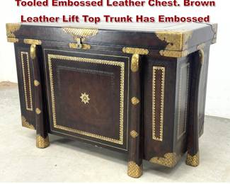 Lot 1823 MAITLAND SMITH Empire style Tooled Embossed Leather Chest. Brown Leather Lift Top Trunk Has Embossed