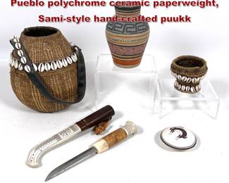 Lot 1997 5pcs Ethnographic items. Acoma Pueblo polychrome ceramic paperweight, Samistyle handcrafted puukk