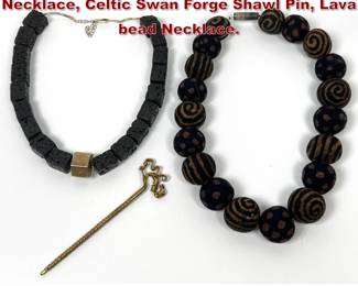 Lot 2145 3pcs Jewelry. Artisan Felt Bead Necklace, Celtic Swan Forge Shawl Pin, Lava bead Necklace.