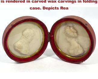 Lot 2062 Regency era profile relief portraits is rendered in carved wax carvings in folding case. Depicts Rea