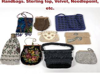 Lot 2275 9pc Vintage Beaded Purse Handbags. Sterling top, Velvet, Needlepoint, etc.