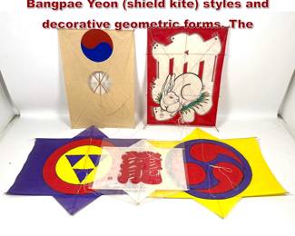 Lot 2345 5 pcs Korean kites, including Bangpae Yeon shield kite styles and decorative geometric forms. The