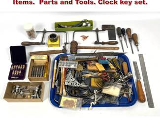 Lot 2237 Large lot Clock Making and repair Items. Parts and Tools. Clock key set.