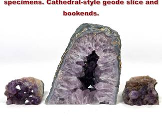 Lot 2228 3pcs Natural amethyst mineral specimens. Cathedralstyle geode slice and bookends.