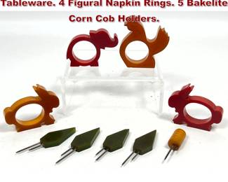 Lot 2132 Collection Art Deco Bakelite Tableware. 4 Figural Napkin Rings. 5 Bakelite Corn Cob Holders.