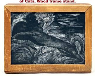 Lot 1880 Vintage Carved Printing art Block of Cats. Wood frame stand.