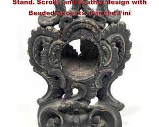 Lot 1881 Antique Carved Wood Pocket Watch Stand. Scrolls and Feather design with Beaded Accents. Painted Fini