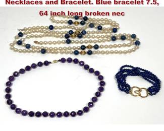 Lot 2141 3pcs 14K Gold and Bead Jewelry. 2 Necklaces and Bracelet. Blue bracelet 7.5, 64 inch long broken nec