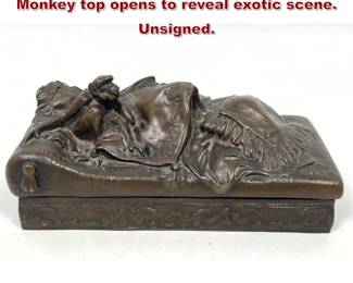 Lot 1947 Erotic Bronze sculpture Box. Monkey top opens to reveal exotic scene. Unsigned.