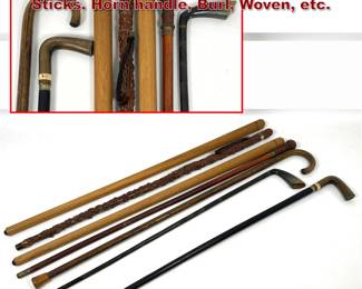 Lot 2020 7pcs Antique Canes and Walking Sticks. Horn handle, Burl, Woven, etc.