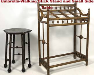 Lot 1818 2pcs Aesthetic Movement Wood UmbrellaWalking Stick Stand and Small Side Table