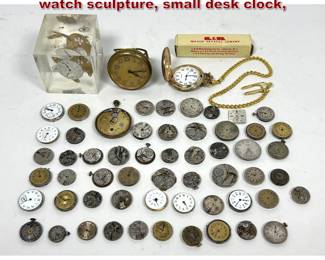 Lot 1979 Large Lot Watch Parts. plus lucite watch sculpture, small desk clock,