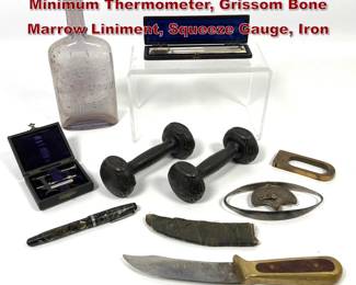 Lot 2325 Mixed Antique Lot. Boxed Max Minimum Thermometer, Grissom Bone Marrow Liniment, Squeeze Gauge, Iron
