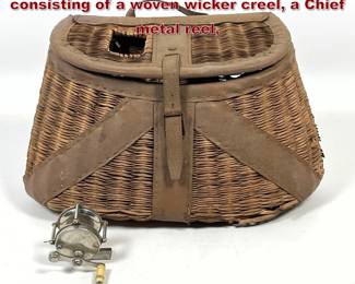 Lot 1889 Vintage fishing equipment consisting of a woven wicker creel, a Chief metal reel,