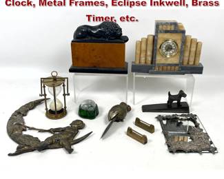 Lot 2254 Mixed Collectors Objects. Marble Clock, Metal Frames, Eclipse Inkwell, Brass Timer, etc.