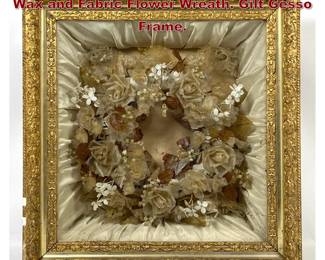 Lot 2095 Victorian Deep Well Shadow Box. Wax and Fabric Flower Wreath. Gilt Gesso Frame.