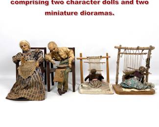 Lot 2318 Vintage handcrafted folk art items comprising two character dolls and two miniature dioramas.