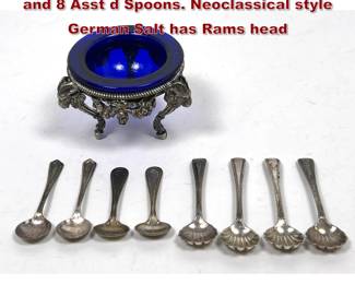 Lot 2107 Sterling Cobalt Glass Master Salt and 8 Asst d Spoons. Neoclassical style German Salt has Rams head