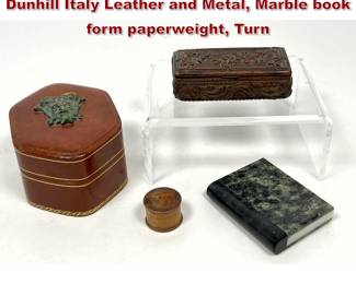 Lot 2169 4pcs Vintage Boxes. Carved wood, Dunhill Italy Leather and Metal, Marble book form paperweight, Turn