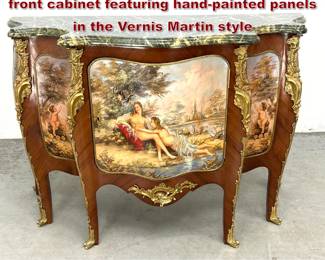 Lot 1789 French Louis XV revival bombefront cabinet featuring handpainted panels in the Vernis Martin style