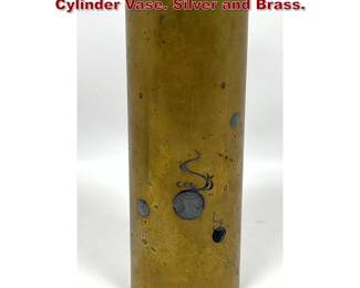 Lot 1861 Meiji Japanese Mixed Metal Cylinder Vase. Silver and Brass.