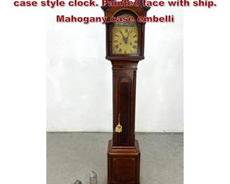 Lot 1727 Antique Miniature Federal style tall case style clock. Painted face with ship. Mahogany case embelli