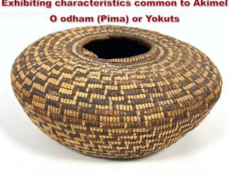 Lot 2001 Vintage Coiled basketry vessel. Exhibiting characteristics common to Akimel O odham Pima or Yokuts