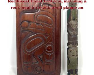 Lot 2005 2pcs wood carvings in the Northwest Coast tradition, including a rectangular reliefcarved plaque an