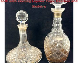 Lot 1931 2pcs Cur Lead Crystal Decanters. both with sterling Liqueur Tags. Bourbon and Madeira
