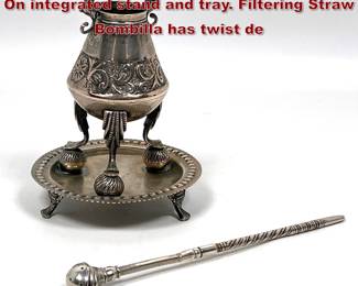 Lot 2101 Ornate Silver Mate Set. Mate Cup On integrated stand and tray. Filtering Straw Bombilla has twist de