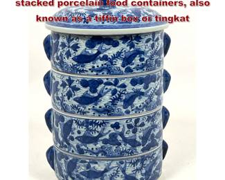 Lot 1860 Chinese blue and white four stacked porcelain food containers, also known as a tiffin box or tingkat