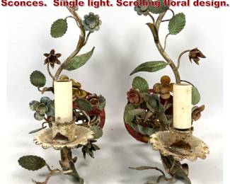 Lot 1779 Pair Italian Iron Style Painted Wall Sconces. Single light. Scrolling floral design.